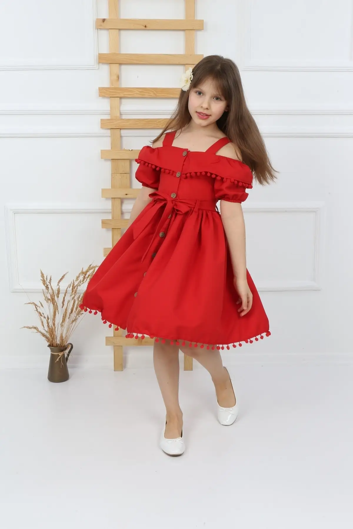 Female Child Red Pompom Crepe Dress