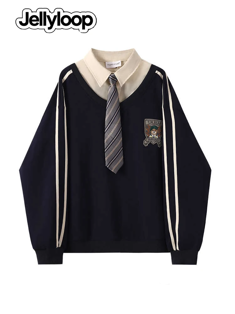 

2025 Autumn Winter Women American Retro Preppy Style Long Sleeve Sweatshirts With Tie 2000s College Style Harajuku Y2k Oversize