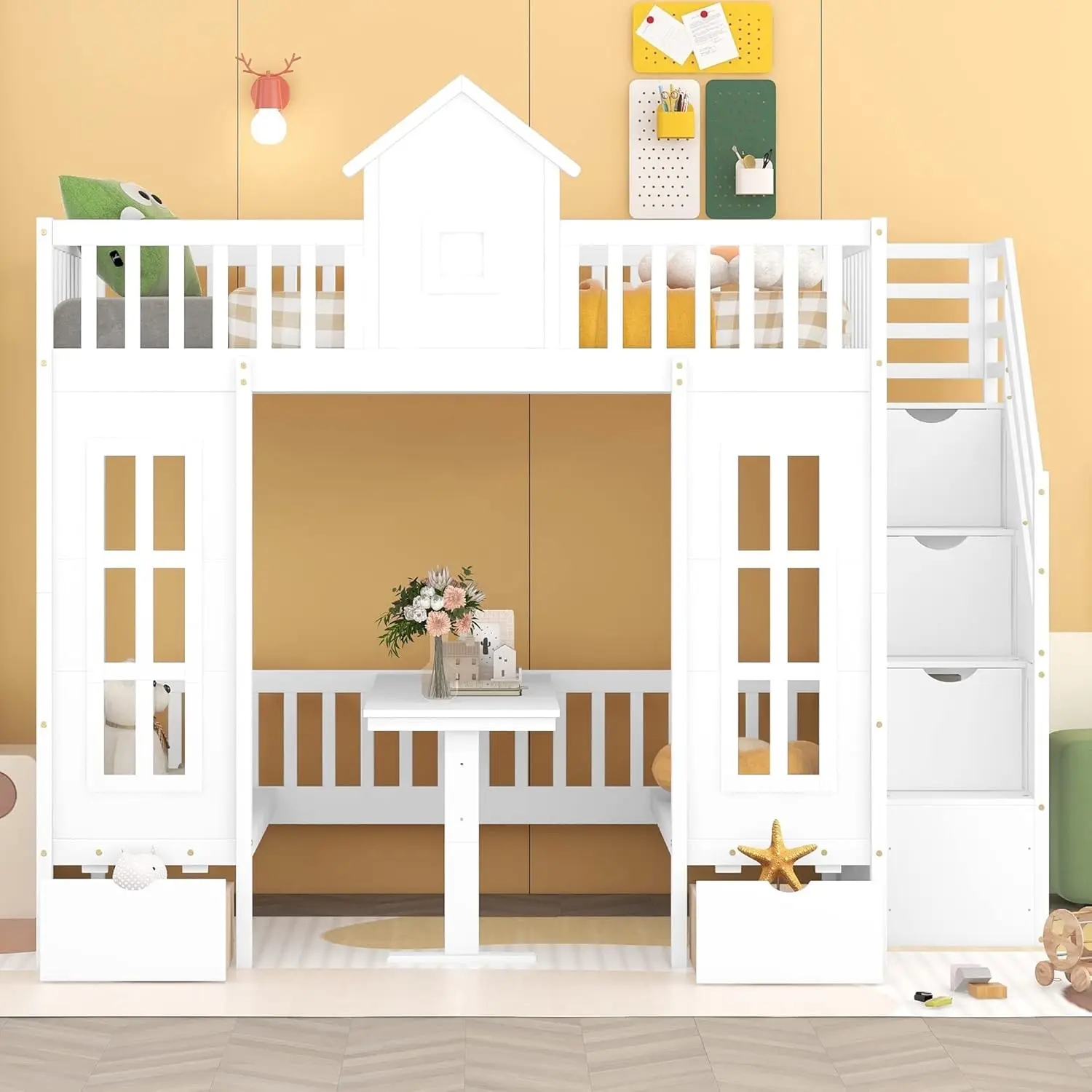 Full Over Full Bunk Bed with Storage Staircase, Solid Wood Frame, Convertible Down Bed to Seats/Table (White-F)