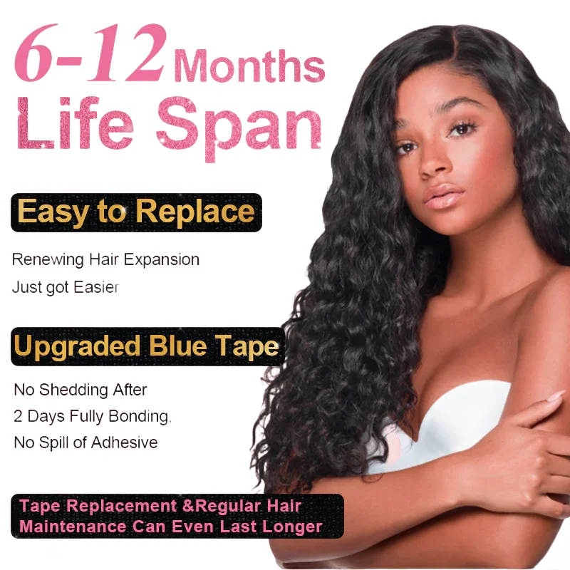 #1B Deep Curly Tape in Hair Extensions 100% Human Hair Seamless Skin Weft Hair invisible Natural Black Hair Bundles 30inch