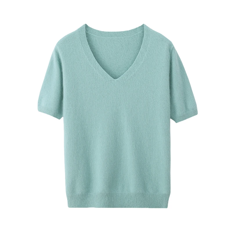 Damen 100% Reiner Nerz-Kaschmir V-Ausschnitt Pullover T-Shirt Einfarbig Gestrickt Modisch Vielseitig Kurzärmeliger Pullover – Detail 34