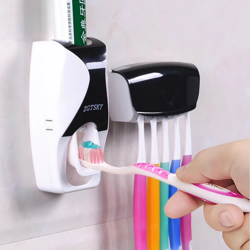 Dispensador automático de pasta de dientes, montaje en pared, soporte para cepillo de dientes a prueba de polvo, soporte de pared para almacenamiento, juego de accesorios de baño, exprimidor