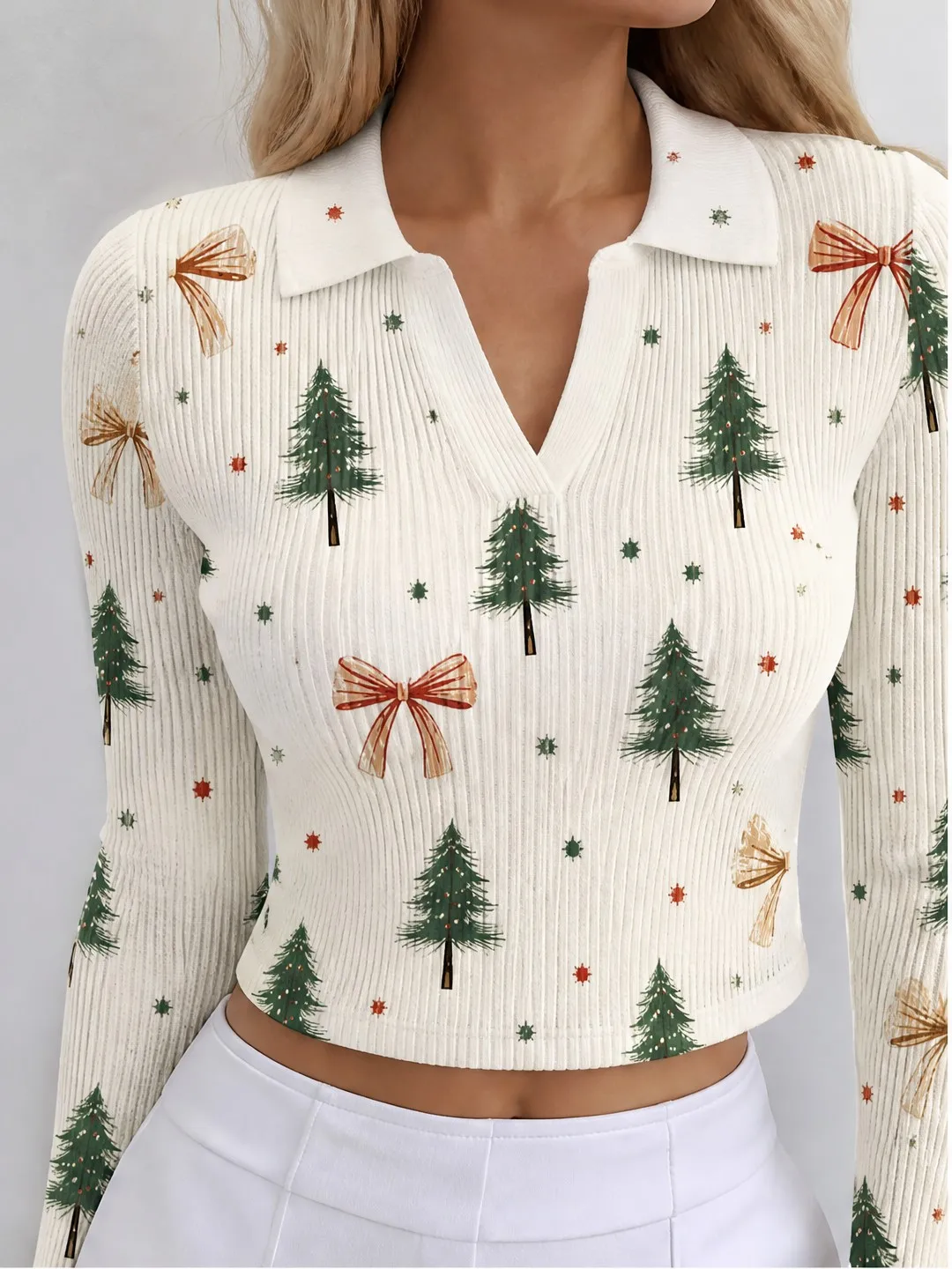 Preppy Womens Polo Collar V Neck Ribbed Knit Cropped Top Figure Flattering Long Sleeve Pullover for Daily City Streetwear Casual