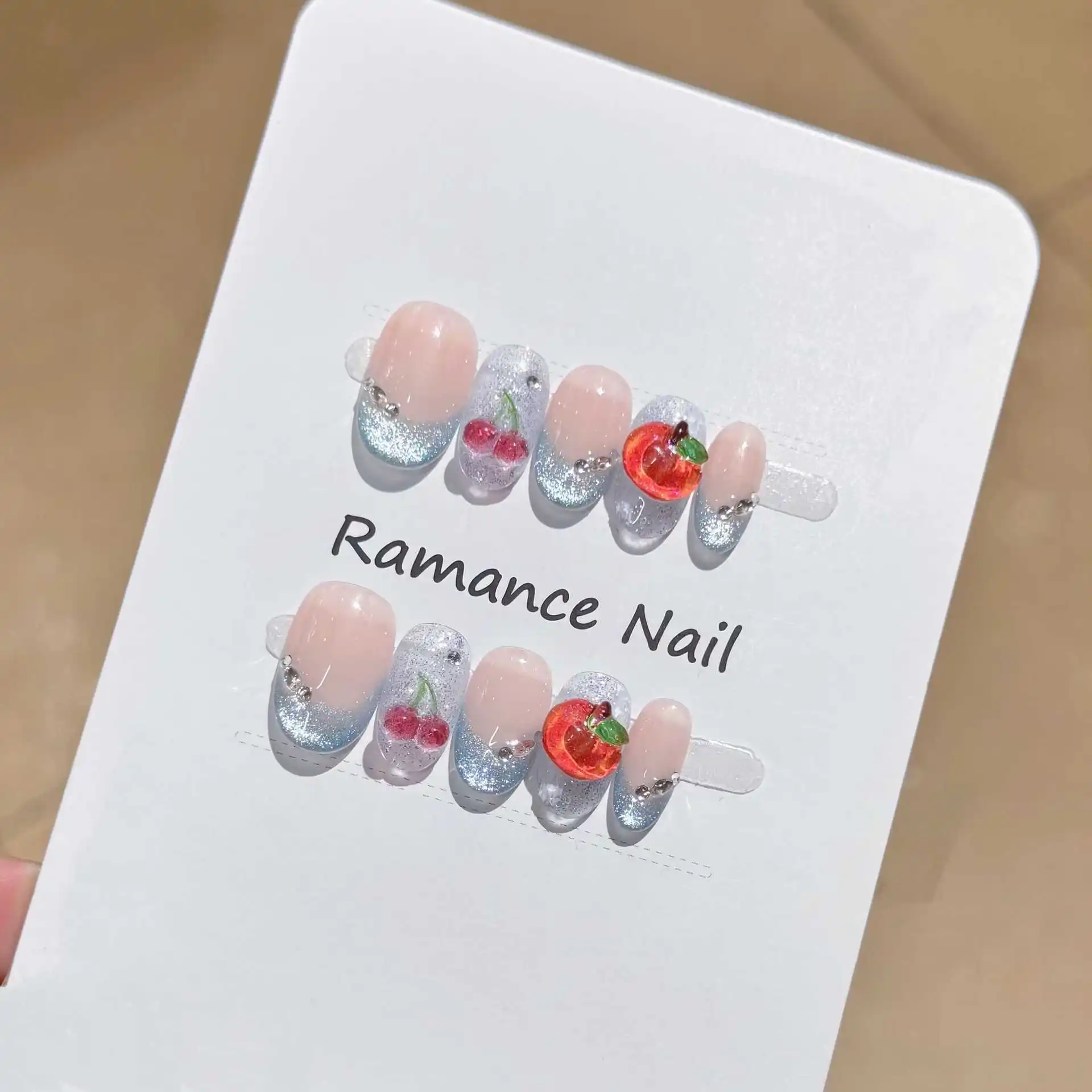 

10pcs Handmade Short Oval French Press On Nails Powder Blush Blue Cat Eye French Style 3D Cartoon Apple Cherry Decor Fake Nails