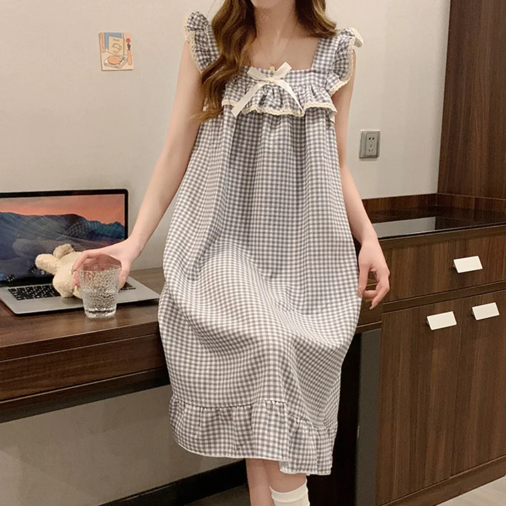 

Casual Lace Ruffle Women's Grid Pajama Dress Sweet Bowknot Sleeveless Nightdress Homewear Sleepwear Nightgowns with Pads Summer