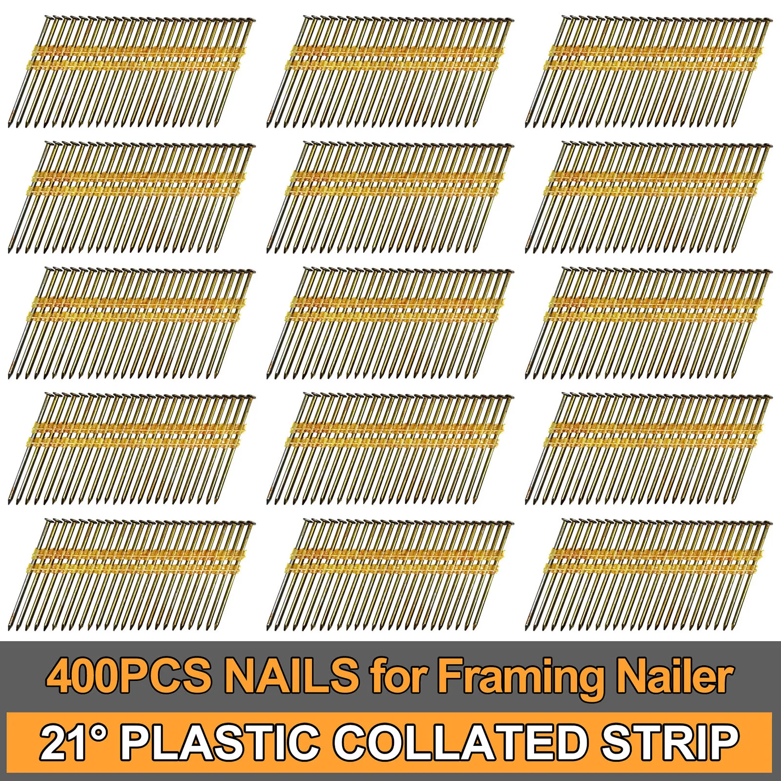 21 Degree Plastic Collated Nails 400PCS Hot Dip Galvanized Full Round Head Nails Designed for Wood Framing Nailer