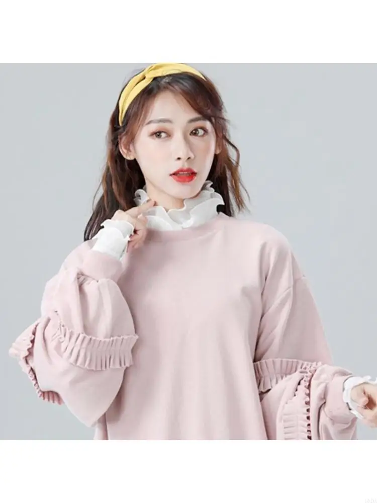 Women 2Pcs Layered Ruffled Stand False Collar with Fake Sleeves Cuffs Wristband Set Button Down Detachable Half Shirt 6XDA
