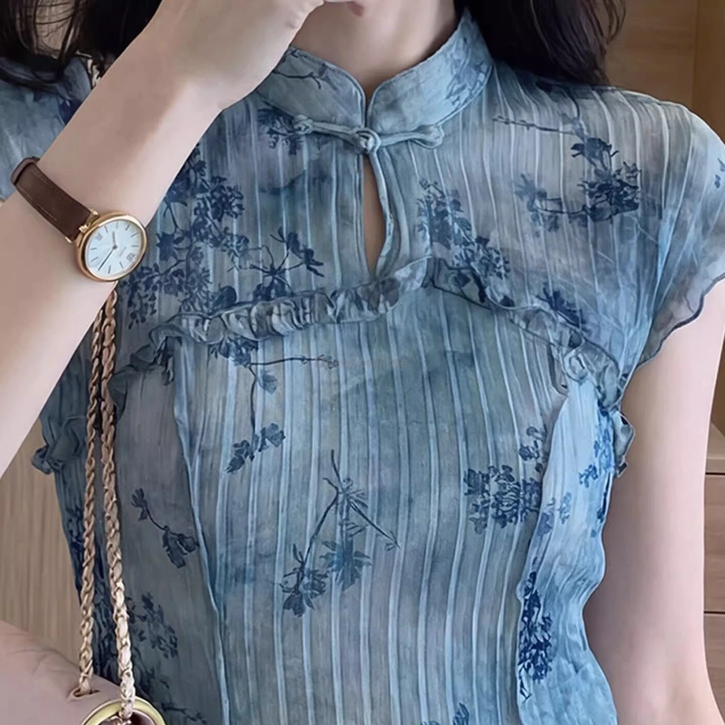 Daily Spring Summer Beautiful Chinese Style Women Qipao Top New Chinese Plus Size Blue One-Button Printed Short Sleeve Shirt
