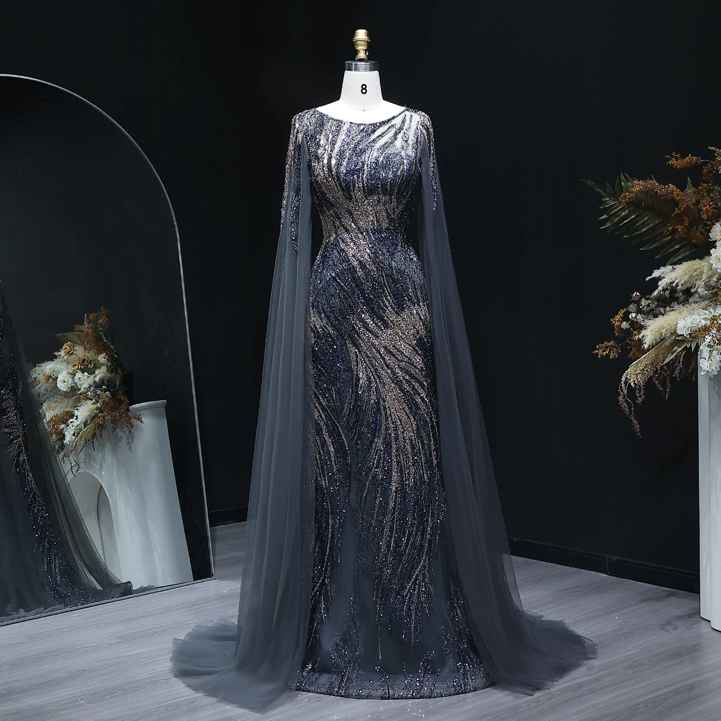 Sharon Said Dubai Women Elegant Purple Luxury Arabic Evening Dress with Cape Sleeves Wedding Party Gown SS051 Customized image 2