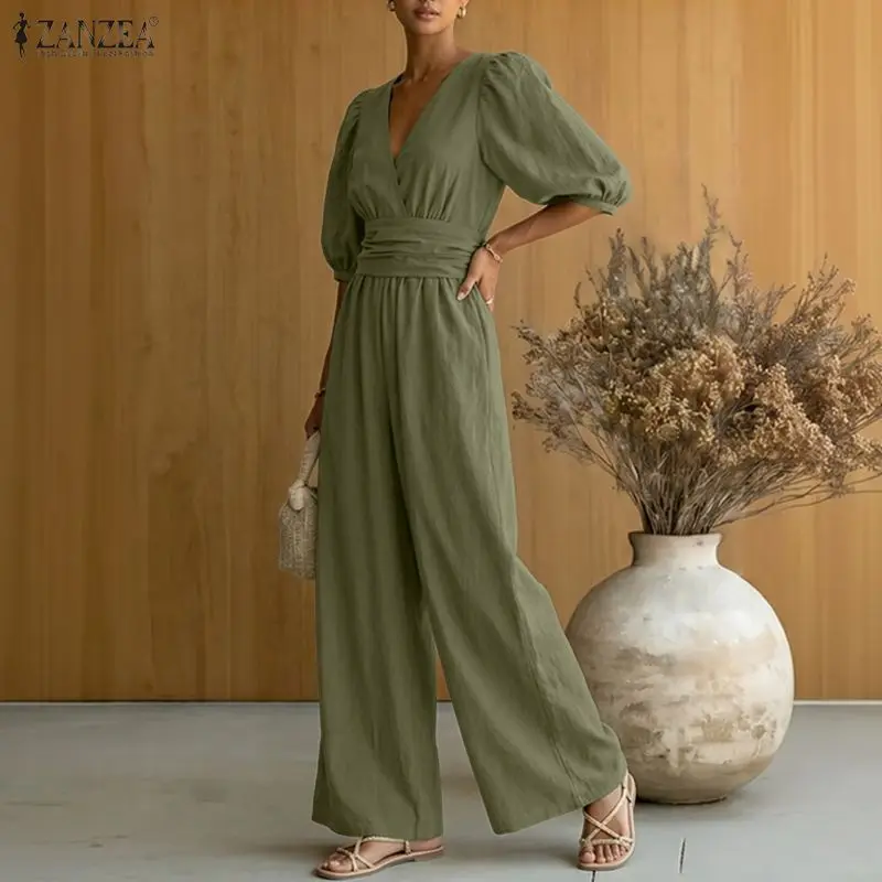 

Women Summer V Neck Short Sleeve Jumpsuits ZANZEA Waisted Rompers Vintage Wide Leg Trousers Solid Color OL Work Overalls Pants