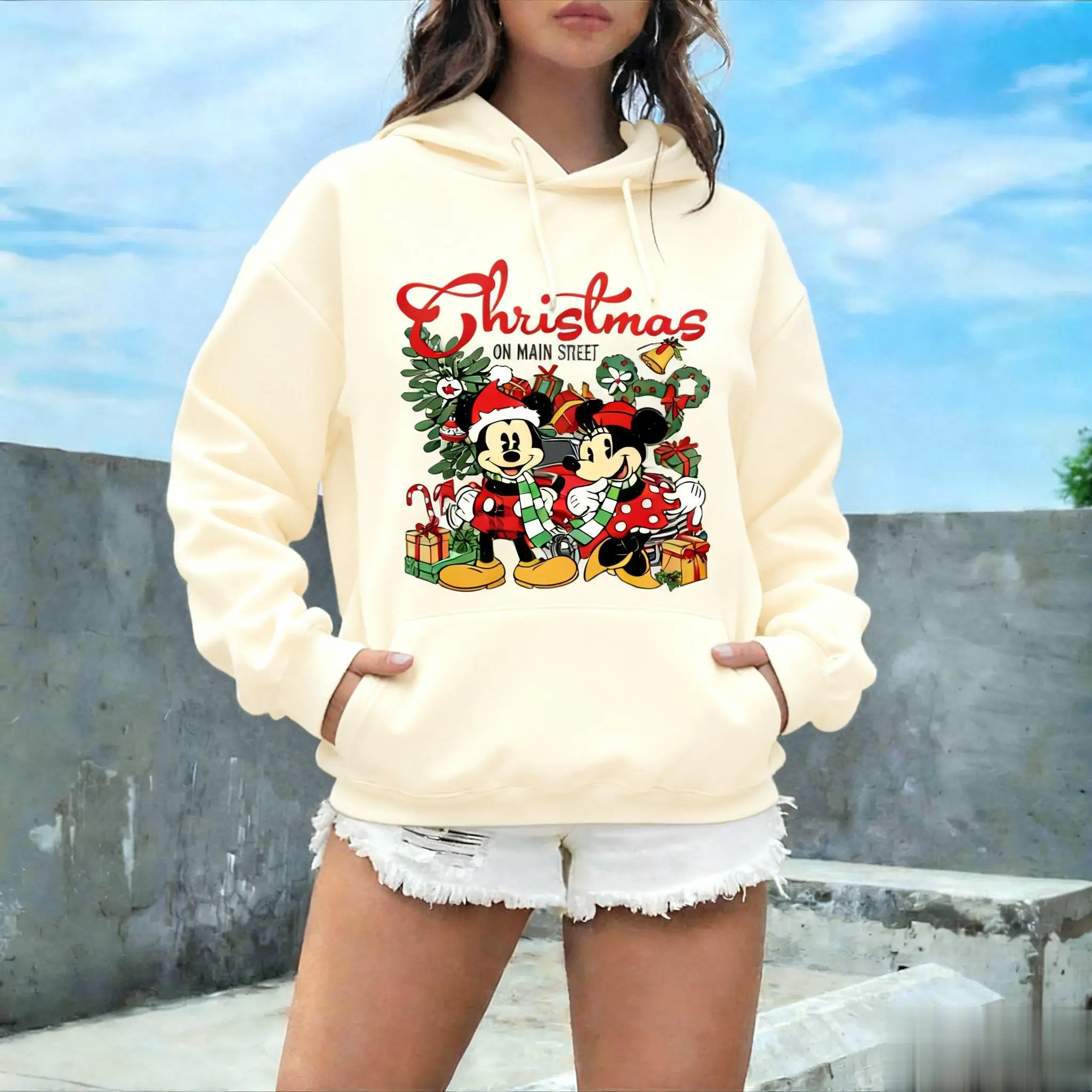 Sudadera con estampado de Mickey Minnie de Navidad Unisex para hombre y mujer, Sudadera con capucha, jersey gráfico, ropa de calle informal, suéter de Otoño Invierno de Disney