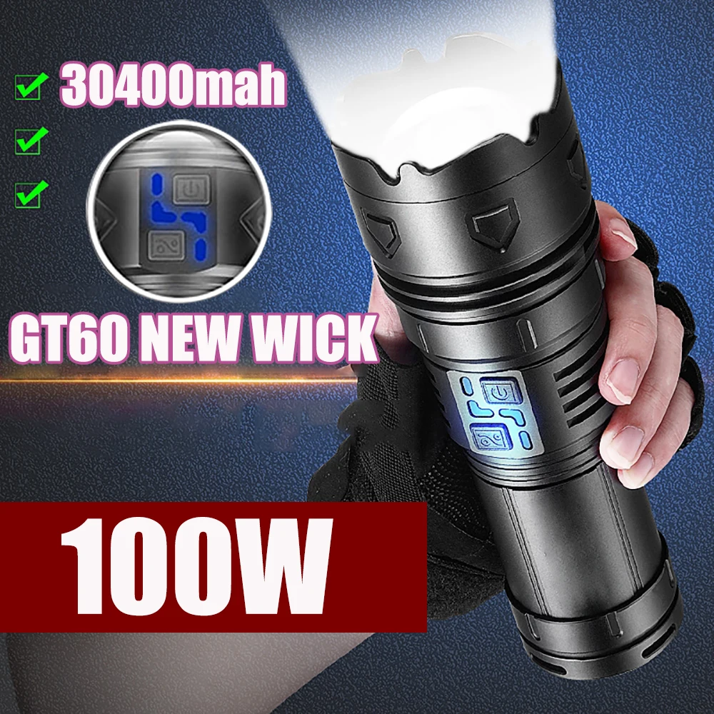 100W GT60 Tactical Flashlight Powerful LED Torch 2000000LM USB Rechargeable Aluminum Alloy Flash Light with Power Indicator