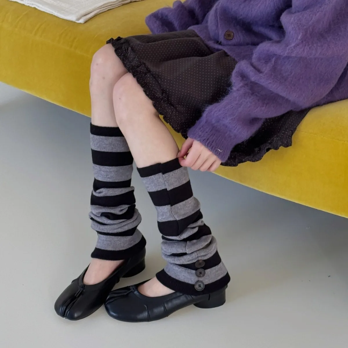 Winter Vintage Button Sock Sleeves Unique Design Korean Fashion Striped Women's Knitted Leg Socks Hipster Casual  Stacked Socks