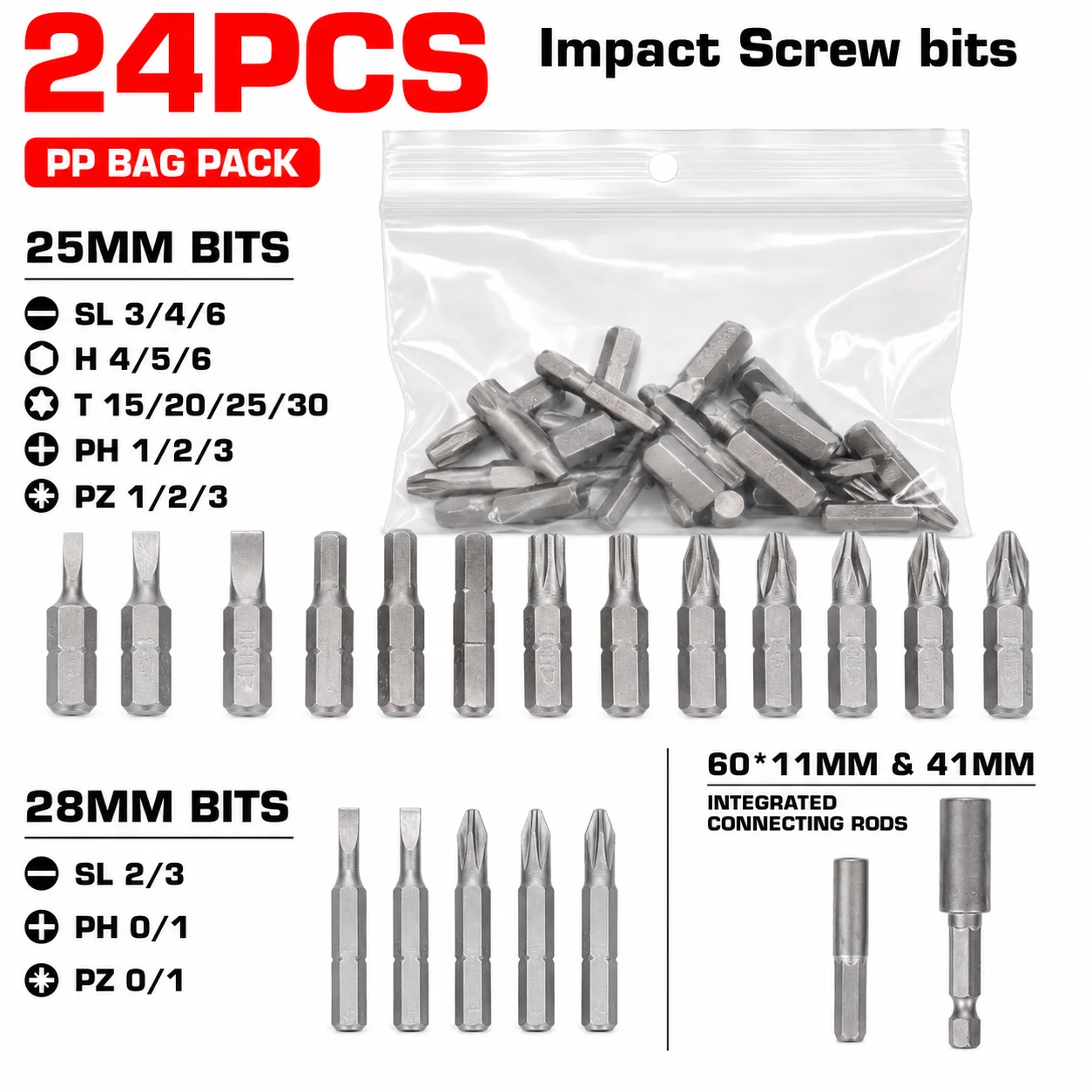 24-Piece Screwdriver Bit Set, 25mm, 28mm, Ph, Pz, Torx, Hex, Flathead, 1/ 4inch Hex Shank, Electric Drill Bits, Connecting Rod, Pp Bagged, for Home Repair DIY
