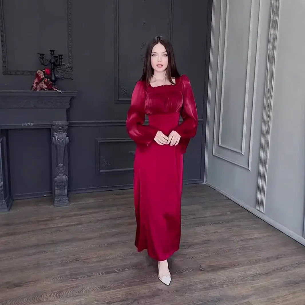 Doux couleur Pure cloche Sve Wrap Dr avec plis col carré épissage soie Lustre a-ligne Dr Ele Sle Long Dr