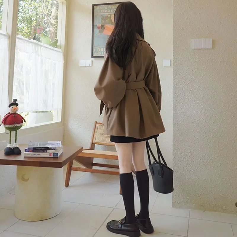 Vintage Brown Short Trench Jacket Women Korean Fashion High Street Double-Breasted Windbreaker Autumn Winter Waistband Outwear