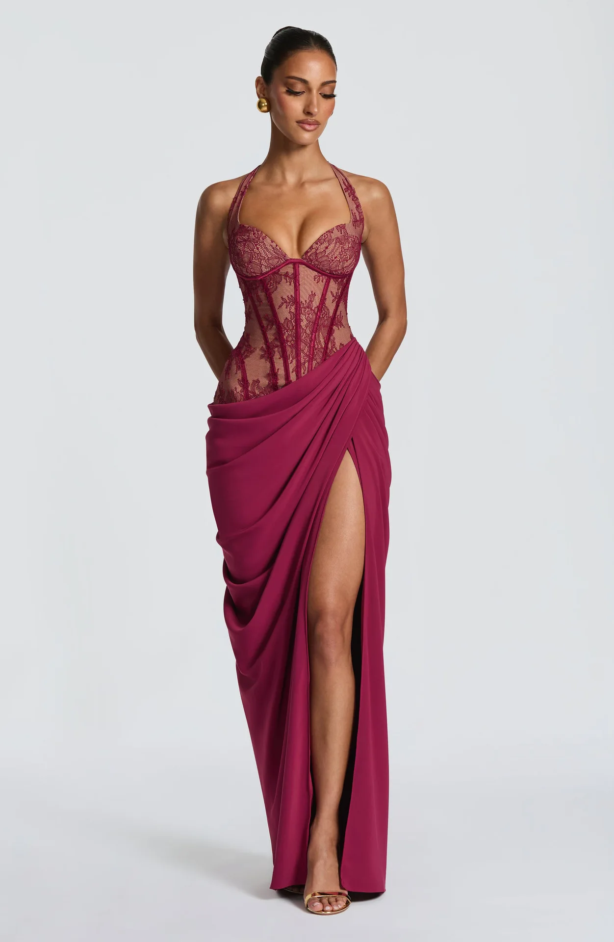 Elegantes Abendkleid mit Neckholder, Spitzenkorsett, Maxi-Länge, Drapierter Rock mit Hohem Schlitz, Schnürung am Rücken, Formelles Ballkleid für Hochzeit und Party – Detail 23