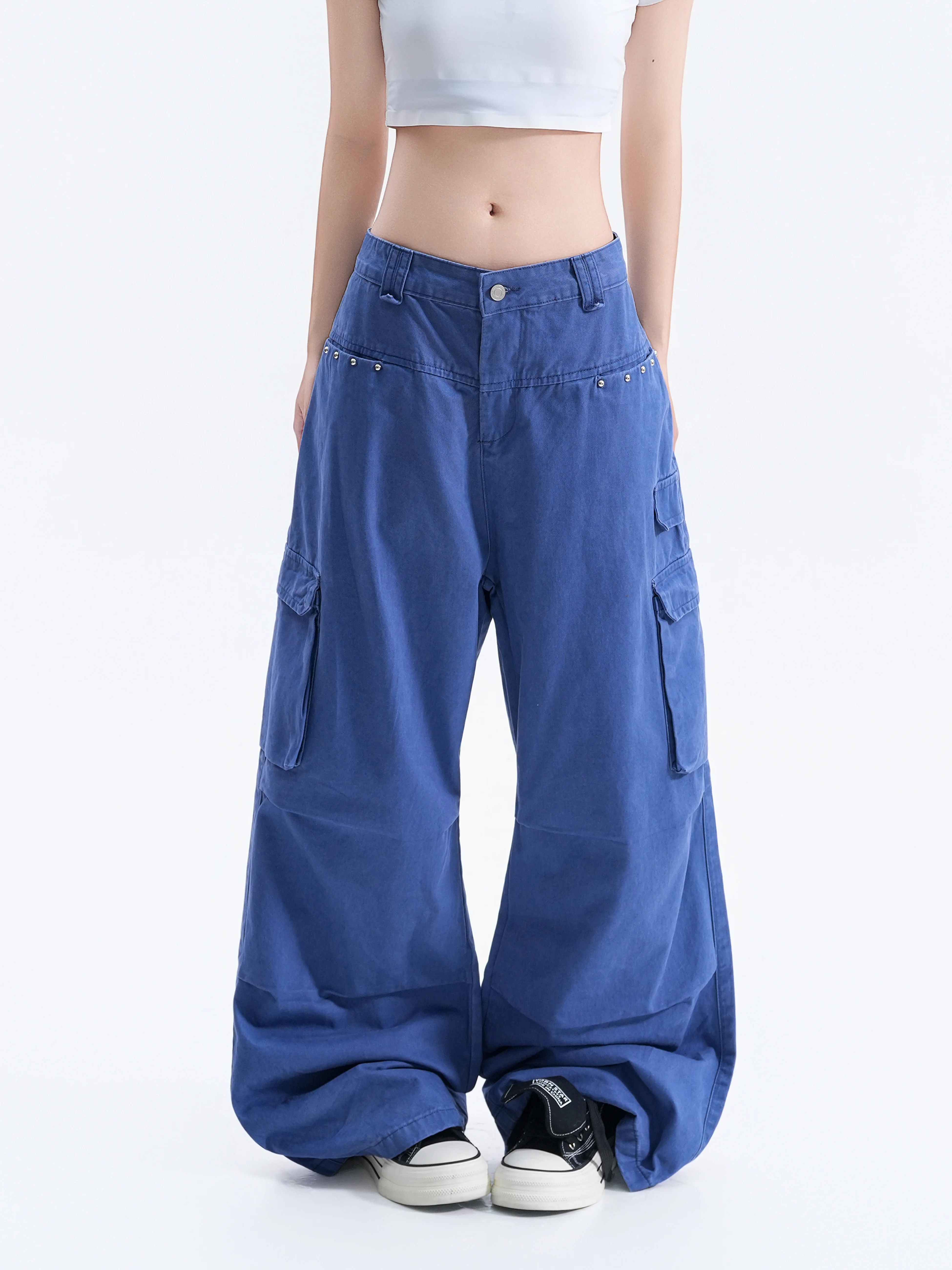 American Style Rivet Workwear Pants Women's Multiple Pockets Draping Floor-Length Slimming Atmosphere Couple Wide Leg Pants