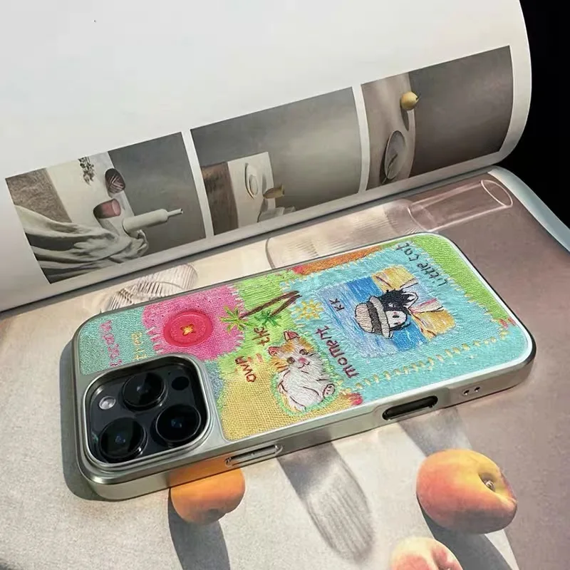 Ins Summer Splicing Beach Cat Girl Electroplated Frame Shockproof Chic Phone Case for IPhone 16 15 14 13 Pro Max Back Cover Capa