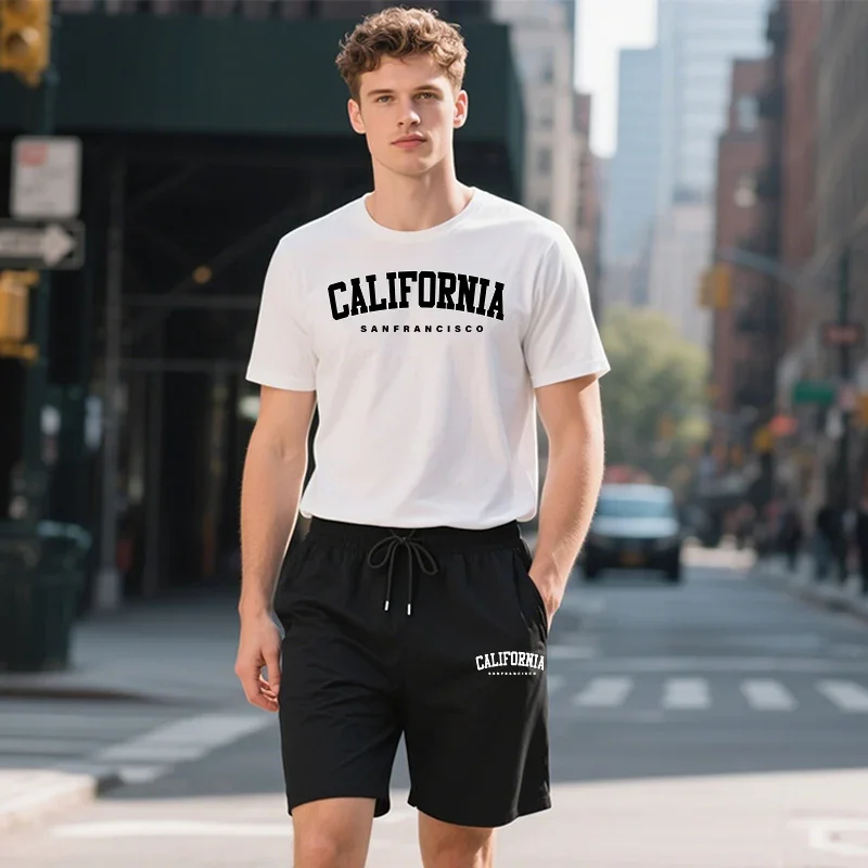 

California Fashion T-shirt Shorts 2pcs Set Men's Summer Casual Sports Outfits Urban Fashion Tracksuit O-neck Tees Walking Shorts