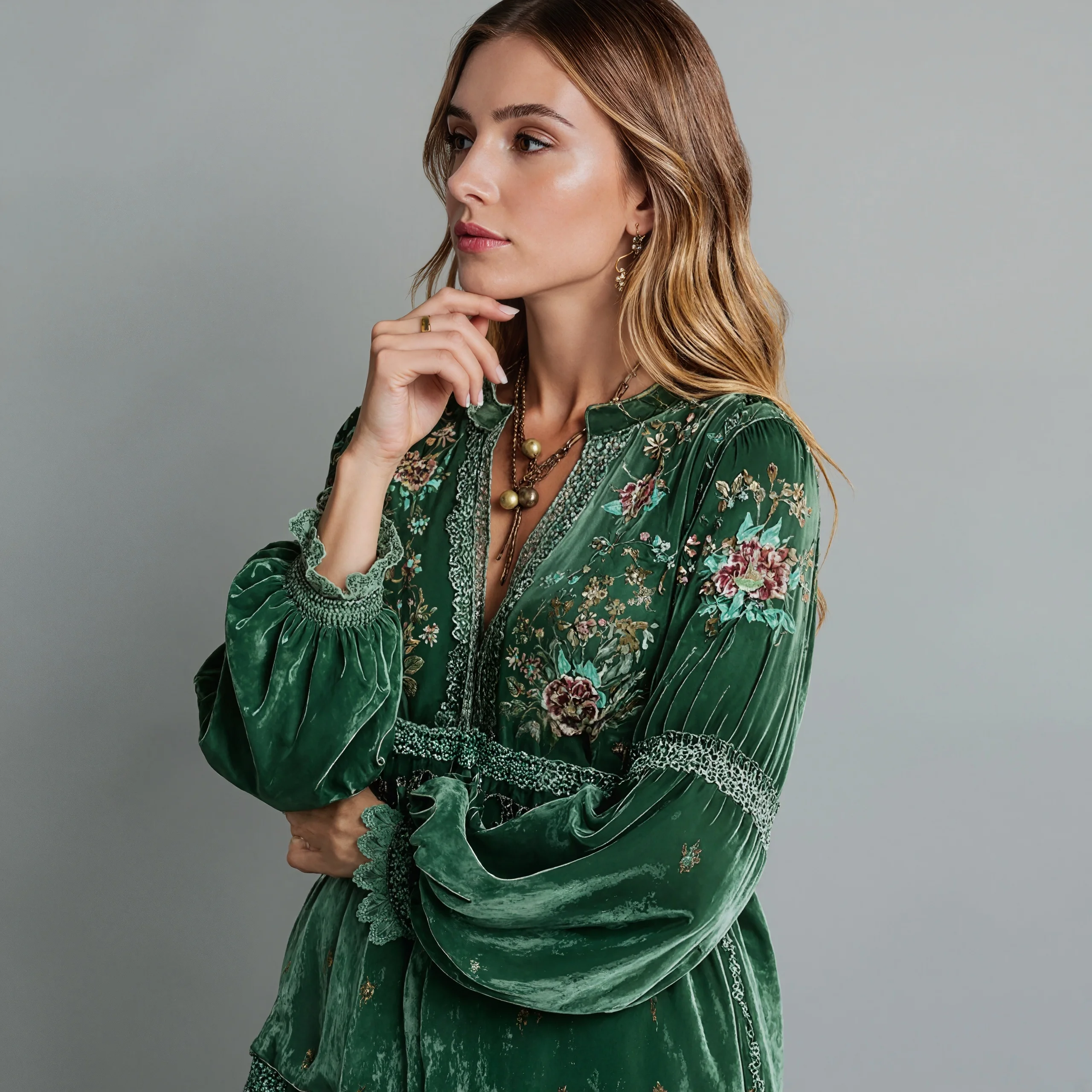 

Autumn Spring Women's Blouse Velvet Floral Pattern Lace Trim Lantern Sleeve Shirt Blouse Casual Chic Bohemian Blouse Tops 2025