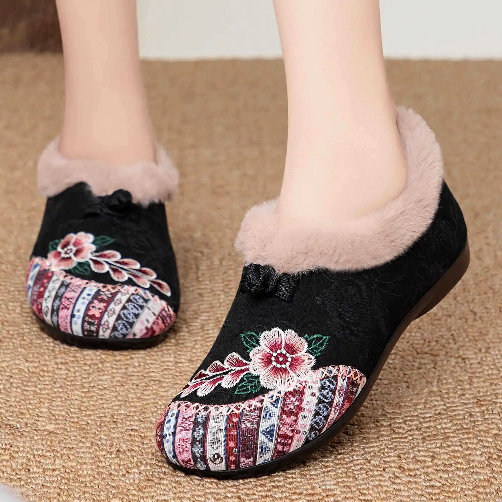 Traditional Style Embroidered Plush Shoes | Gray Fabric with Floral Embroidery & Fleece Collar