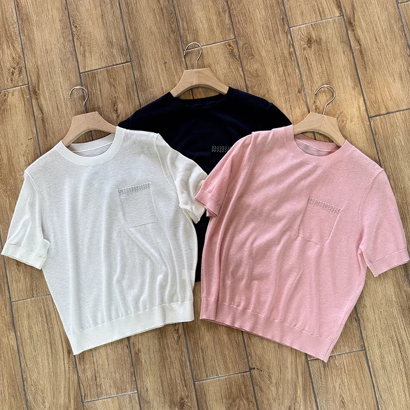 Women's Cashmere Silk Short Sleeved Knitted Sweater with Round Neck Diamond Inlaid Pocket Top
