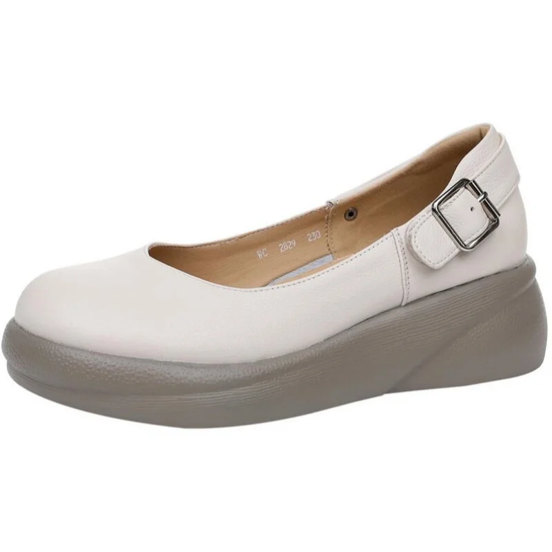 Women's British Style Genuine Leather Shoes 2026 Spring Autumn Thick Sole Wedge Slip-On Soft Comfortable Footwear