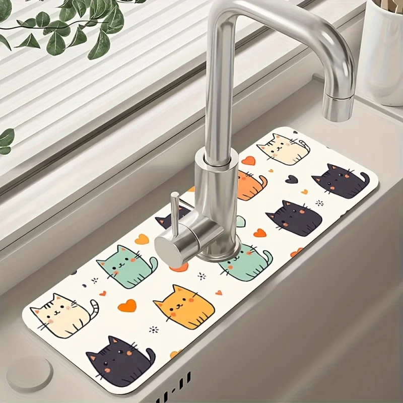 VIKAMA Macaron-Colored Cat-Print Sink Splash Mat | Kitchen Faucet Drain Mat | Cute Japanese-Style Countertop Drain Mat