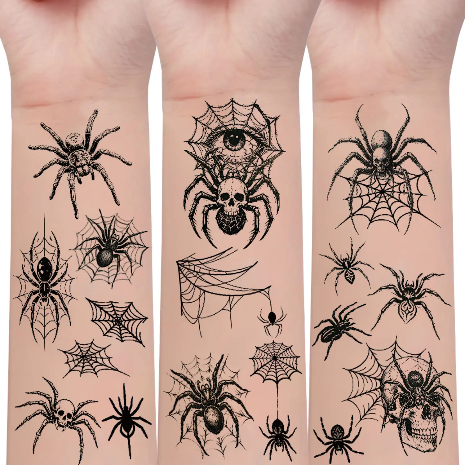 10 Sheets of 82 Halloween Spider Temporary Tattoo Stickers, Spider Web and Skull Waterproof Tattoo Stickers, Suitable for Body and Arm Makeup Art Fake Tattoos, Perfect for Halloween Parties
