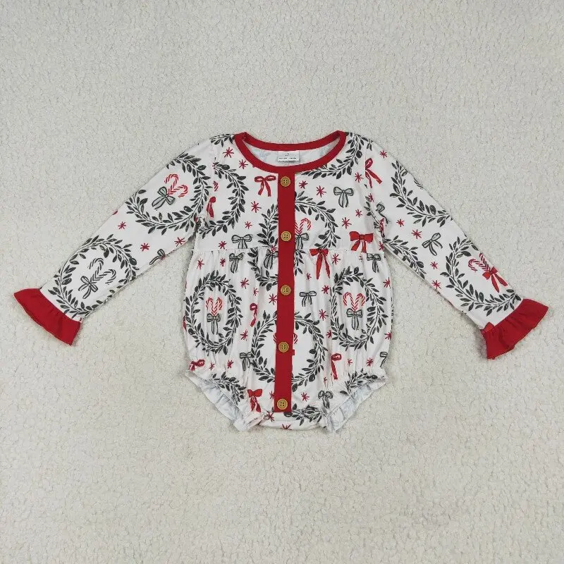 Baby girls rompers wholesale Christmas wreath bow pattern red lace button long sleeve bodysuit