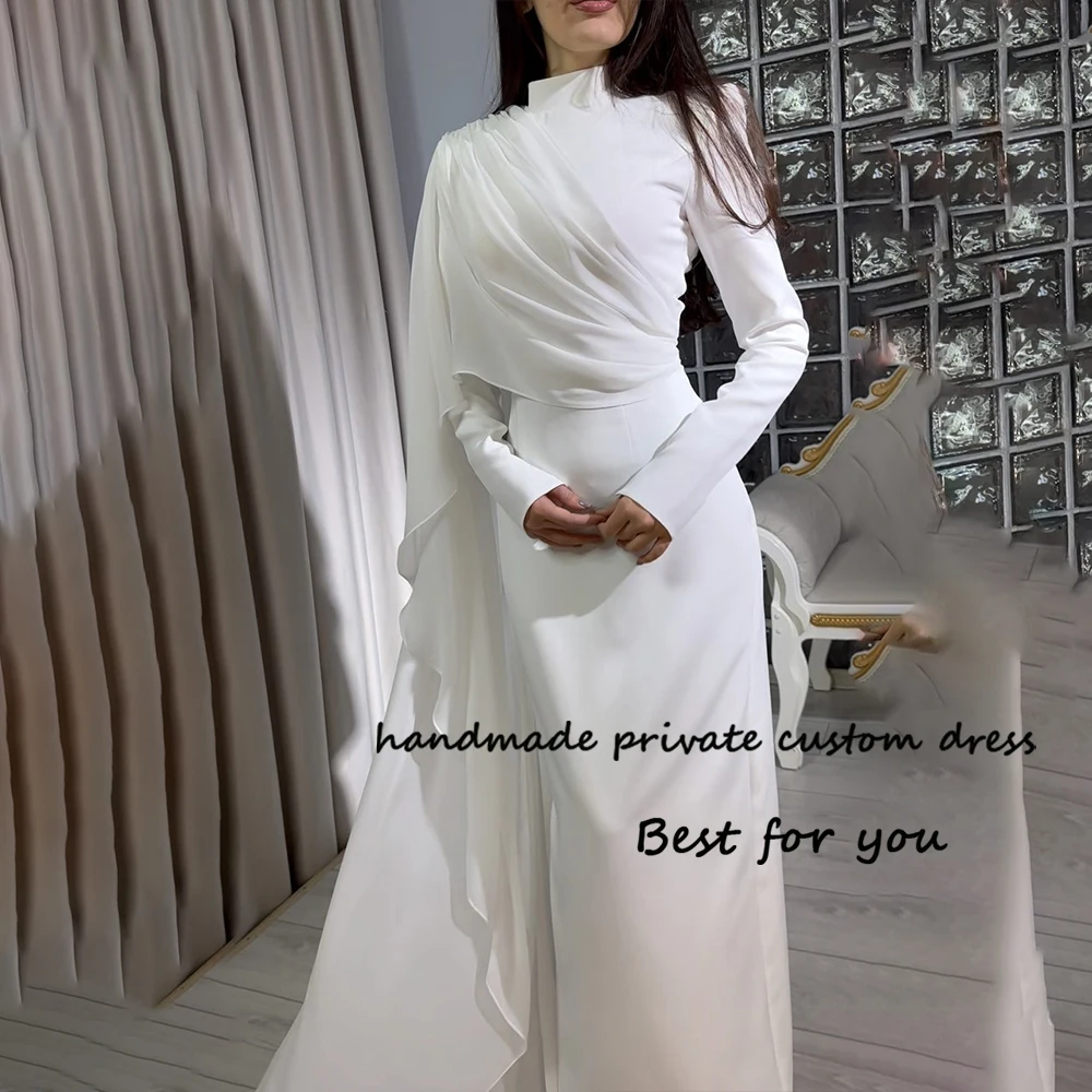 

White Satin Mermaid Evening Dresses Long Sleeve High Neck Arabian Dubai Wedding Guest Dress with Cape Long Formal Prom Gowns