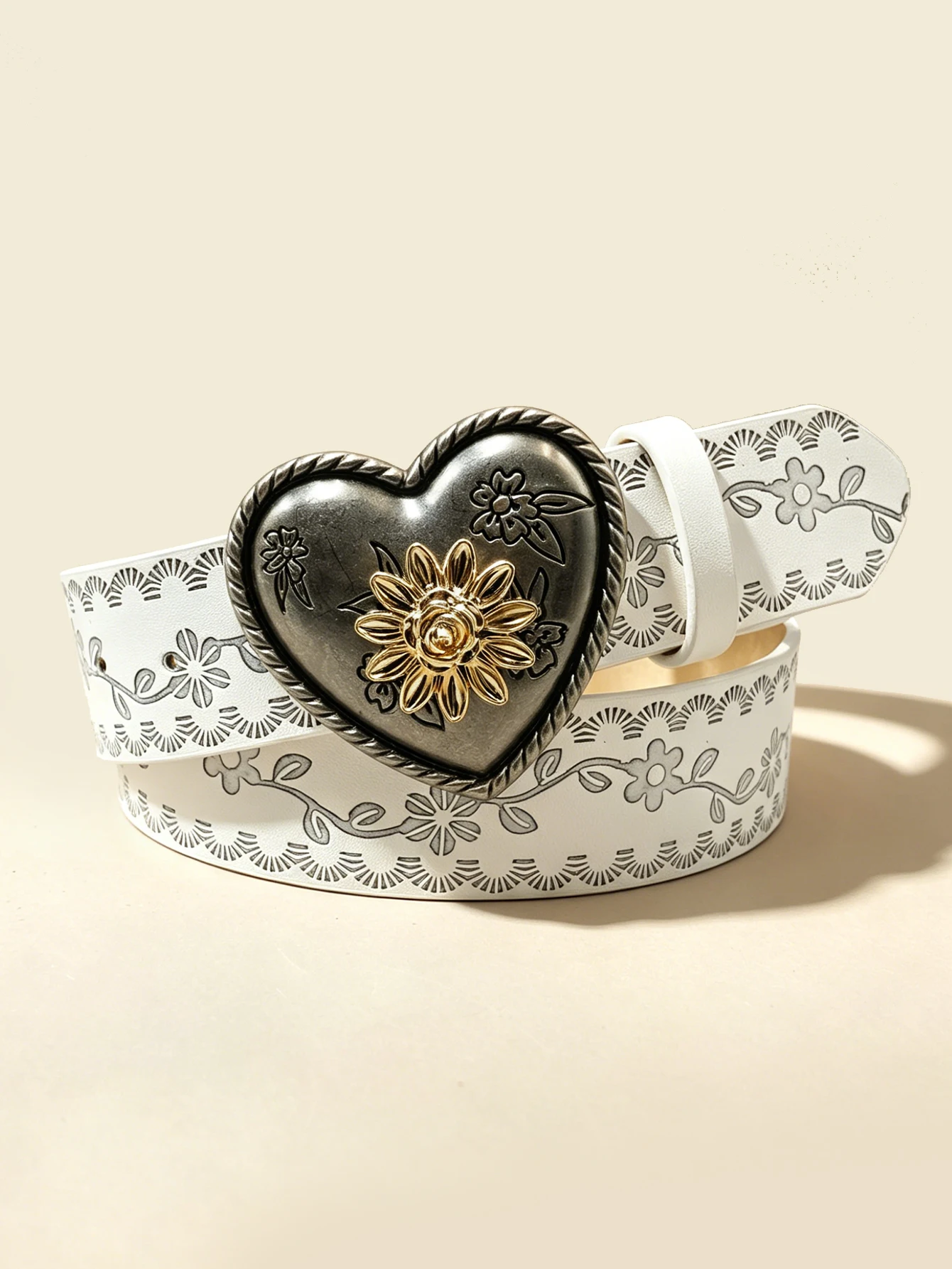 Heart Flower Metal Buckle Belt Brown Embossed Women's Retro Waistband Fashion Decorative Belt