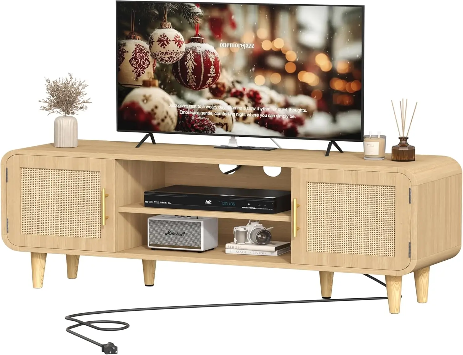 

Тумба под телевизор из ротанга для телевизора с диагональю 60 дюймов, развлекательный центр с зарядной станцией, регулируемой полкой и 2 шкафчиками для хранения, в стиле бохо.