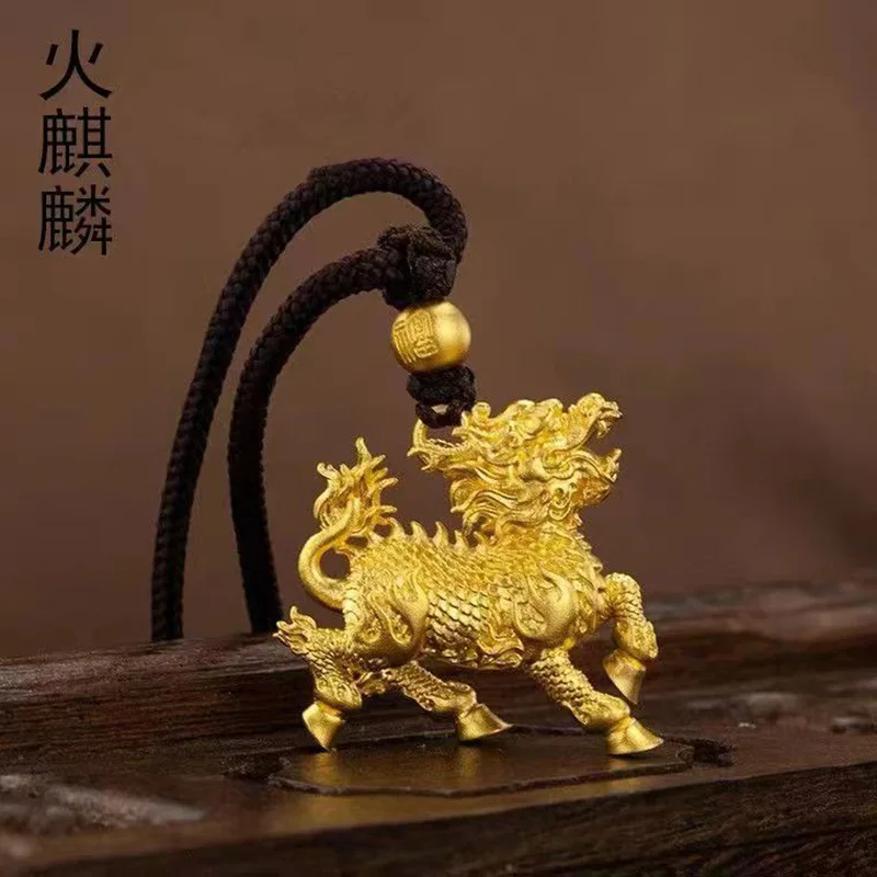 Unisex 24K Gold (AU999) Overbearing Qilin Pendant | Double-sided carving, hammered cloud with braided chain