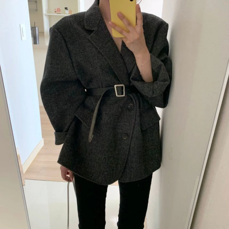 Korean Commuter Notched Collar Long Sleeve Women\'s Jacket Single Breasted All-match Coat Women Loose Sashes Pocket Veste Femme