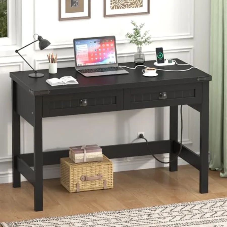 39 Inch Farmhouse Small Computer Desk with Drawers for Bedroom Home Office, Solid Wood, White, Space-Saving Design with Storage