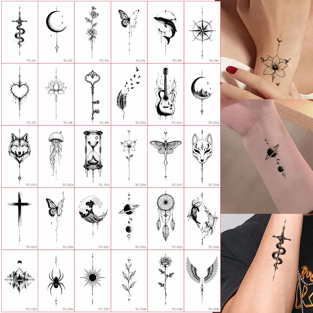 30pcs Waterproof Tattoo Stickers Snake Spider Moon Small Patterns Tattoos for Men And Women Hands And Bod Tattoo Stickers