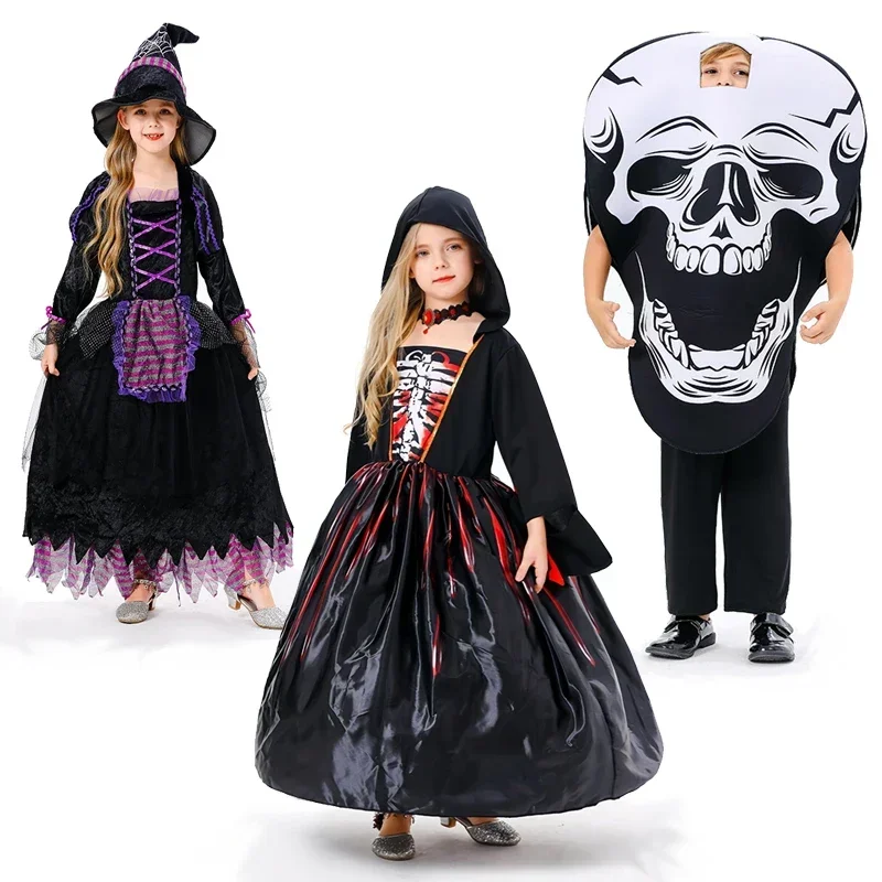 Halloween Children's Girls Boys Cosplay Witch Dress Ghost Bride Gothic Costume Count Vampiran Carnival Outfit Black Red Clothes