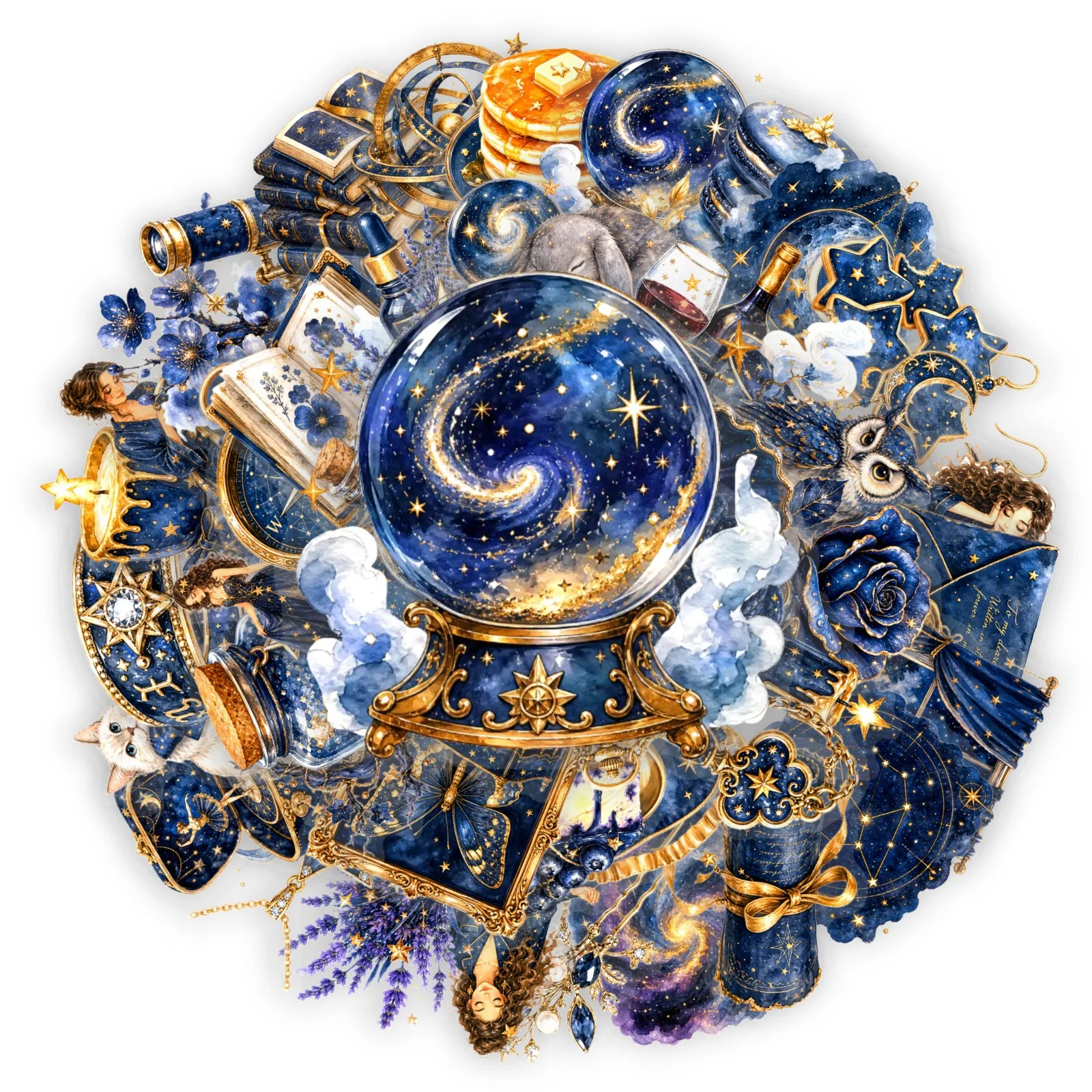 Blue Gold Cosmic Book 'Starry Night Magic Museum' Journal Sticker Teacup Character Decoration Collage Sticker for Scrapbooking