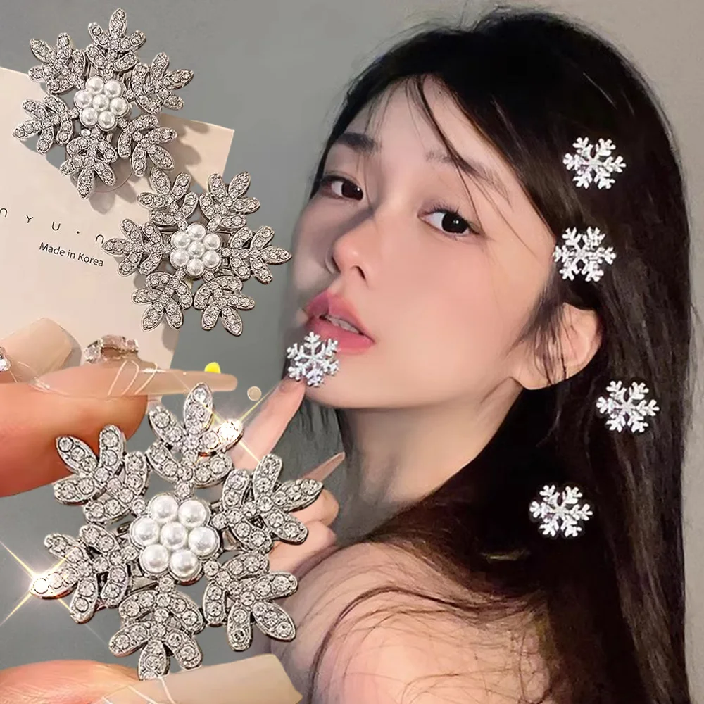 Shining Snowflake Hair Clips Korean Women Elegant Crystal Pearl Flower Hairpins Barrette Wedding Exquisite Headwear Hair Jewelry