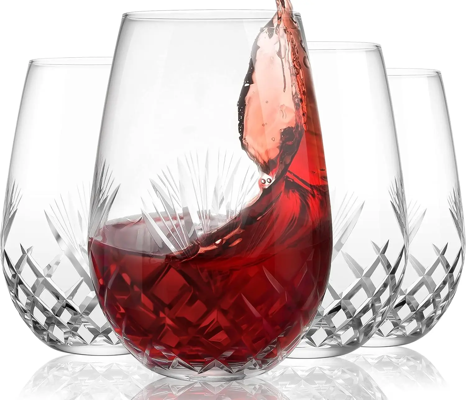 

Hand Cut Stemless Wine Glass Set of 4, 18 oz Crystal Tumblers for Red/White Wine & Water