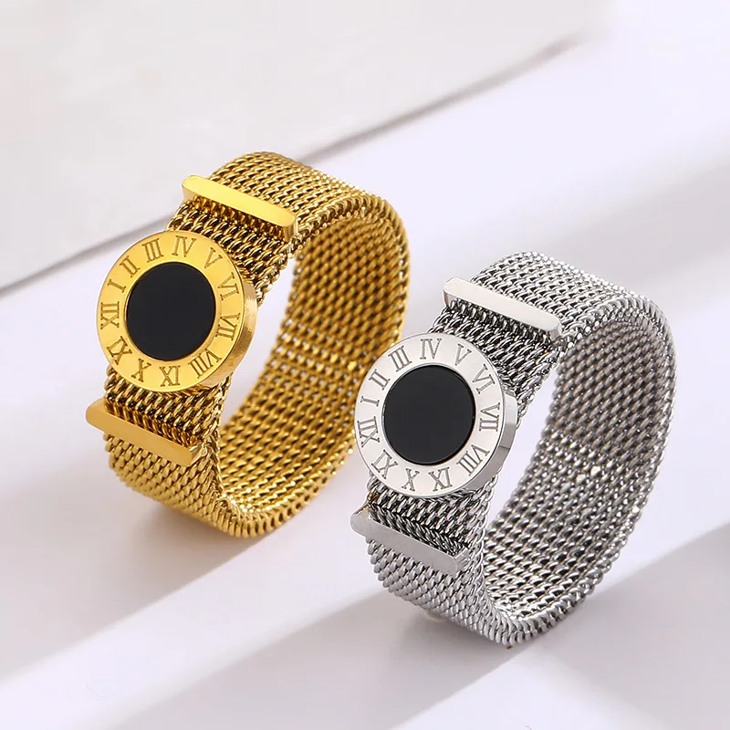 316L Roman Digital Braided Mesh Female Stainless Steel Color-preserving Girl Jewelry Frosted Couple Ring