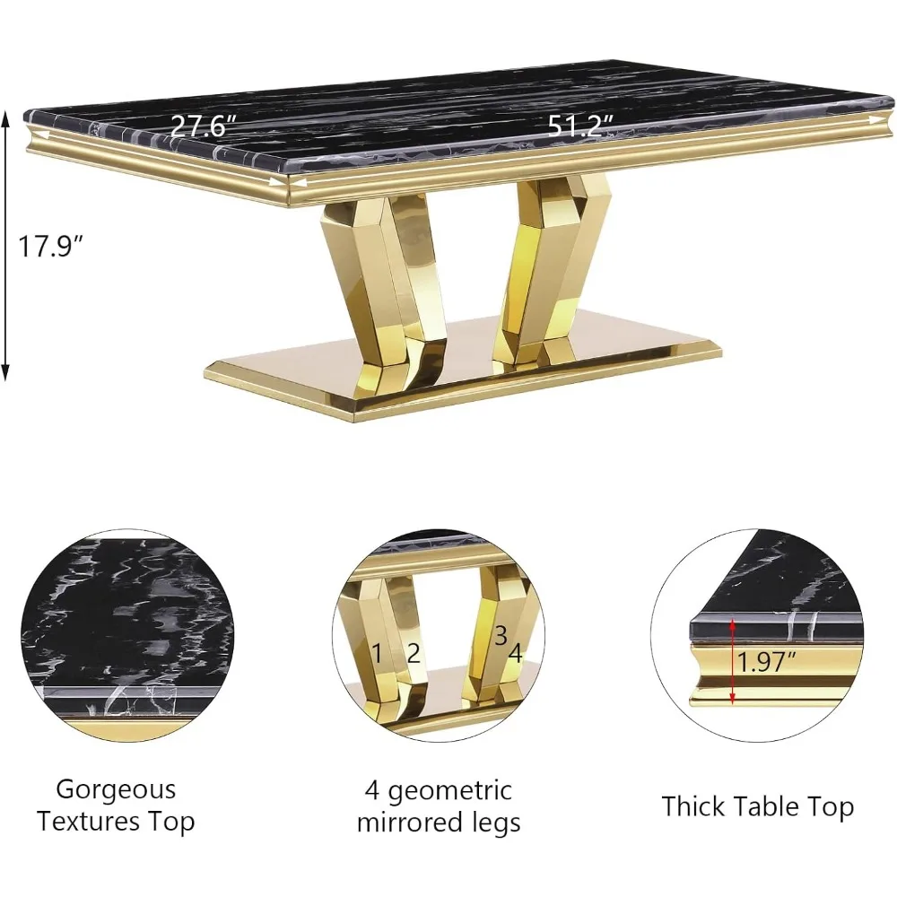 ゴールドコーヒーテーブル、黒とゴールドのコーヒーテーブル、4つの幾何学的なミラーベース付き、金属フレーム付きの長方形ティーテーブル
