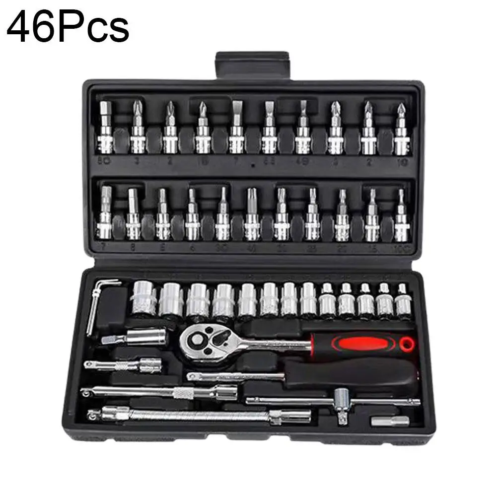 46Pcs 1/4 "Antrieb Metric Flexible Kopf Ratsche Spanner Tool W/Schwarz Set Fall Werkzeug Reparatur Mechaniker kit Auto Combinat F0L5