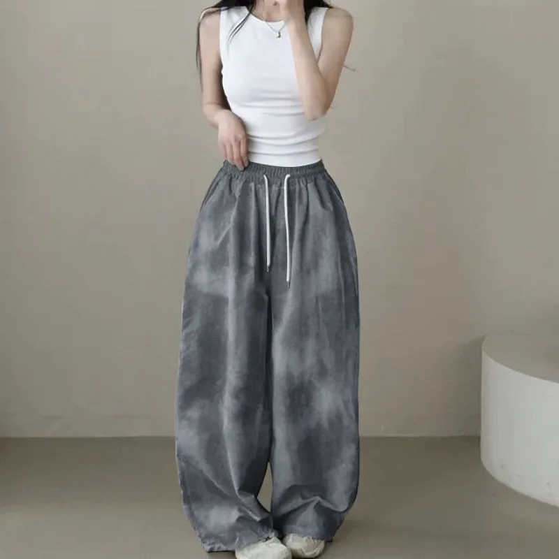 2026 Korean Version Pants Women's Tie-dye Loose Fashion Casual Drawstring Large Size Camouflage Printing Wide-leg Floor Pants