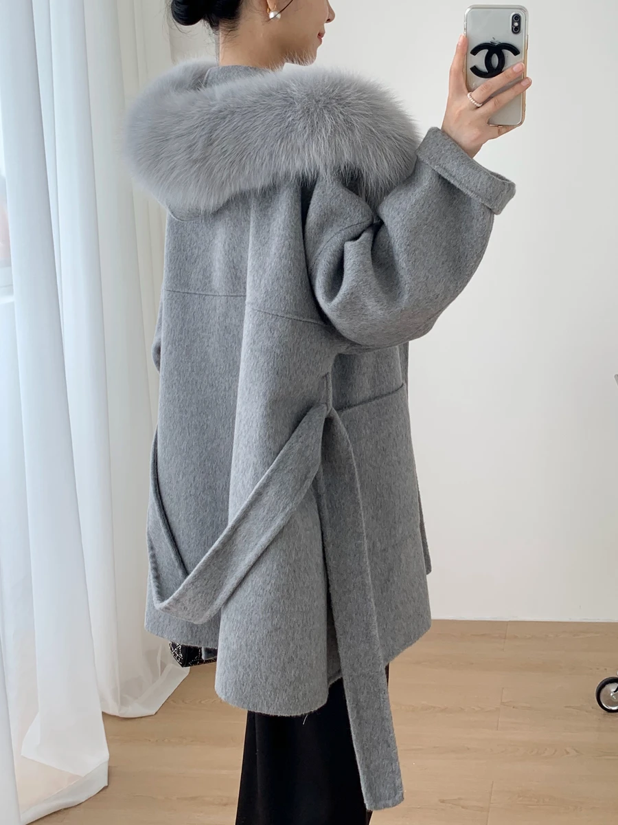 2024 New Oversize Ladies Outerwear Real Fur Coat Winter Jacket Women Natural Fox Fur Collar Cuffs Hood Cashmere Wool Woolen