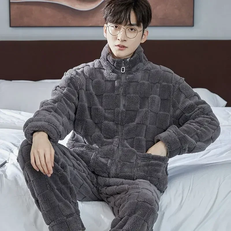 Men Winter Warm Pajamas Sets Stand Collar Fluffy Coat + Long Pants Sleepwear for Sleeping Men's 2 Pieces