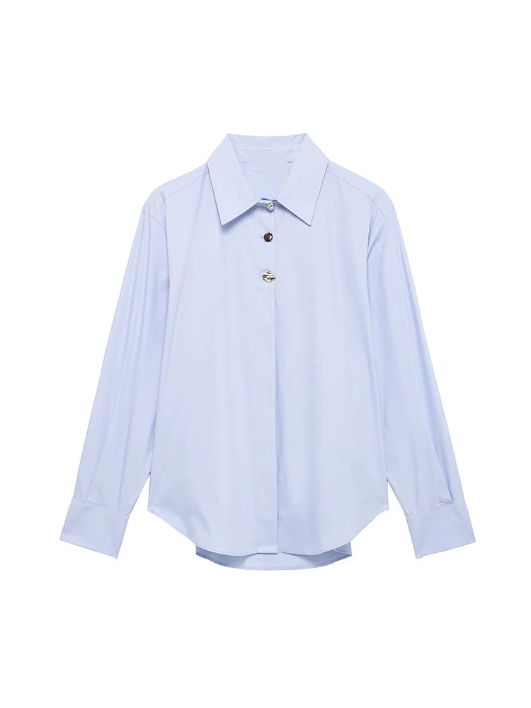 

Willshela Women Fashion Blue Patchwork Single Breasted Blouse Vintage Lapel Neck Long Sleeves Female Chic Lady Shirts