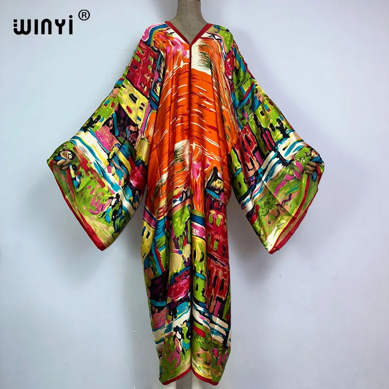 WINYI new V-neck Africa Fashion Women Sexy Boho Casual silk Floral Vintage printing Evening Party Beach cover up Long Maxi Dress